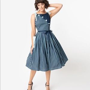 Unique Vintage 1950s Style Navy Blue and green Striped Hamilton Swing Dress XS